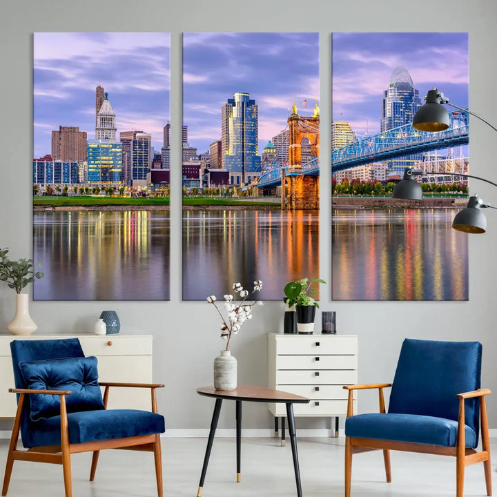 Extra Large Cityscape Cincinnati Sunset Skyline Wall Art Framed Canvas Print