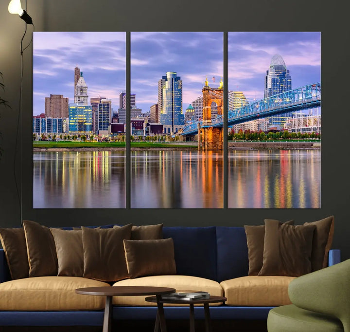 Extra Large Cityscape Cincinnati Sunset Skyline Wall Art Framed Canvas Print