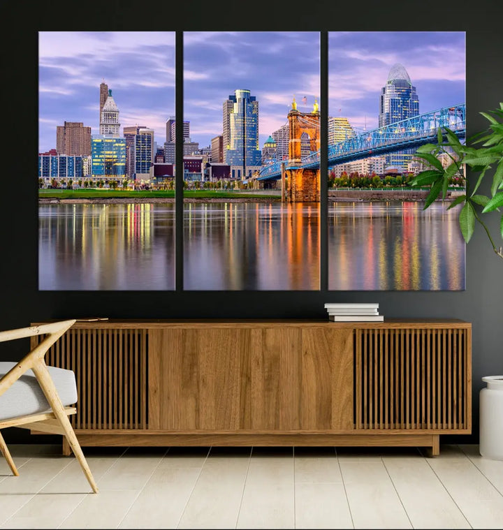 Extra Large Cityscape Cincinnati Sunset Skyline Wall Art Framed Canvas Print