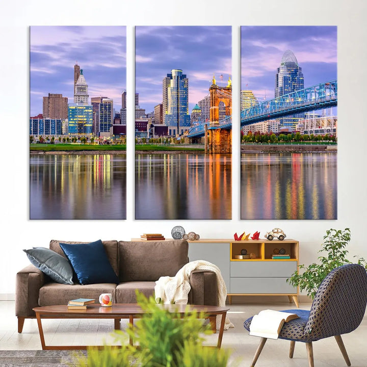 Extra Large Cityscape Cincinnati Sunset Skyline Wall Art Framed Canvas Print