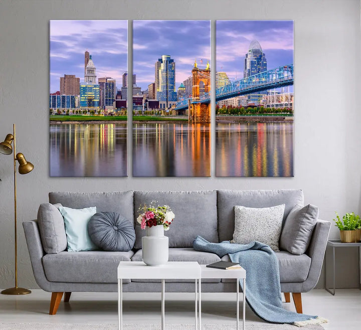 Extra Large Cityscape Cincinnati Sunset Skyline Wall Art Framed Canvas Print