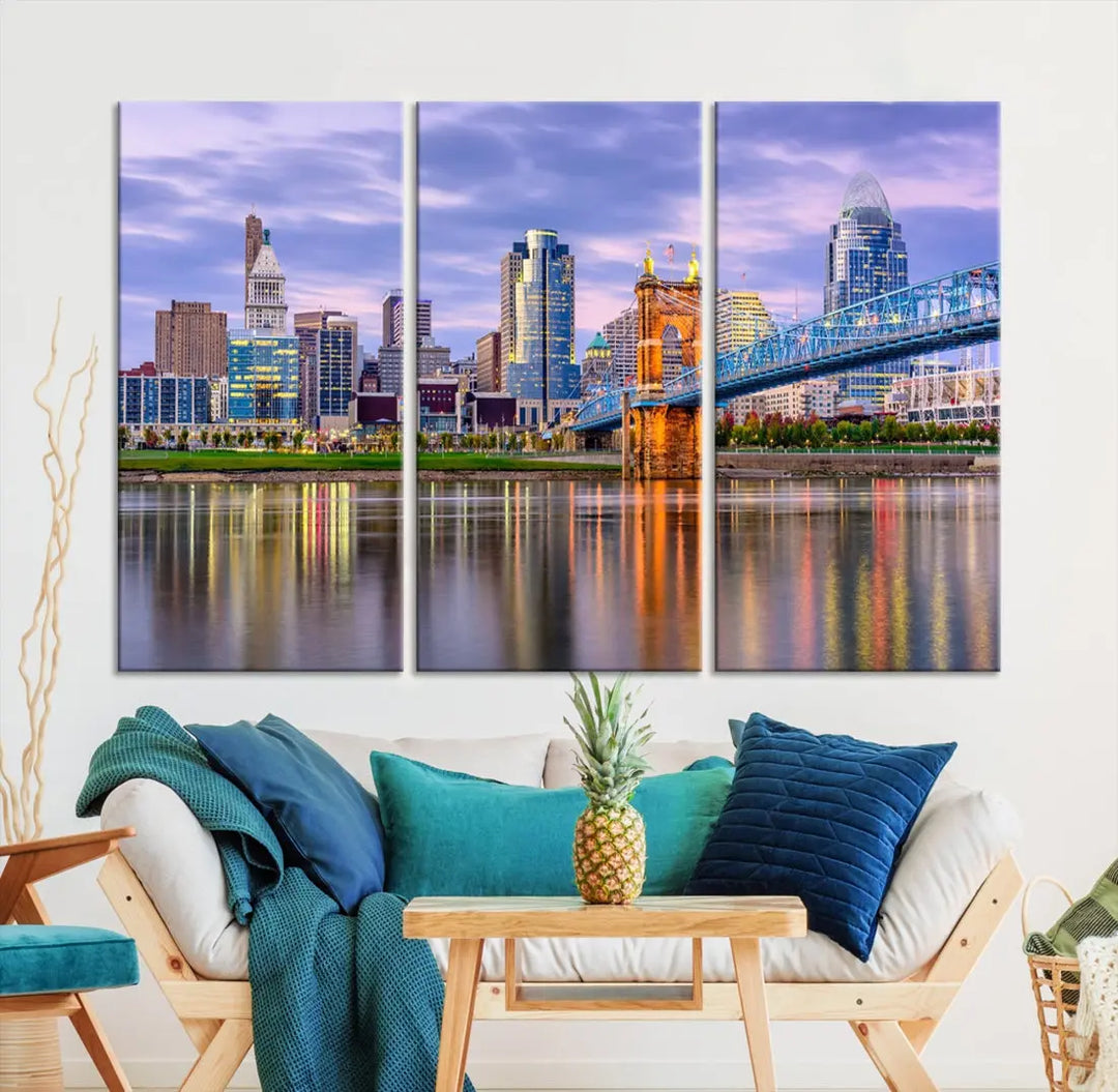 Extra Large Cityscape Cincinnati Sunset Skyline Wall Art Framed Canvas Print