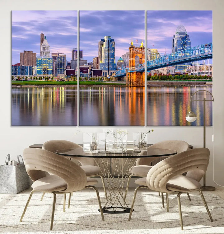 Extra Large Cityscape Cincinnati Sunset Skyline Wall Art Framed Canvas Print