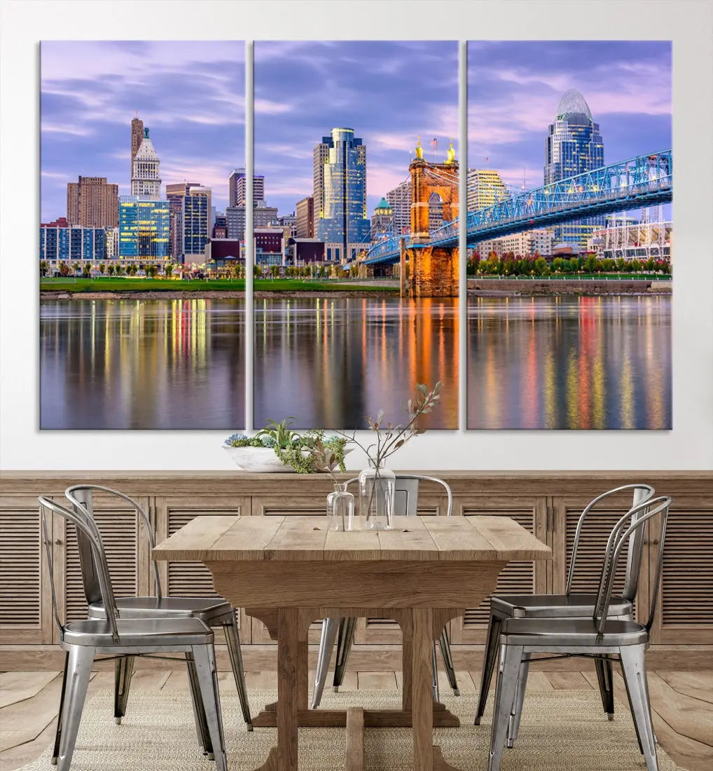 Extra Large Cityscape Cincinnati Sunset Skyline Wall Art Framed Canvas Print