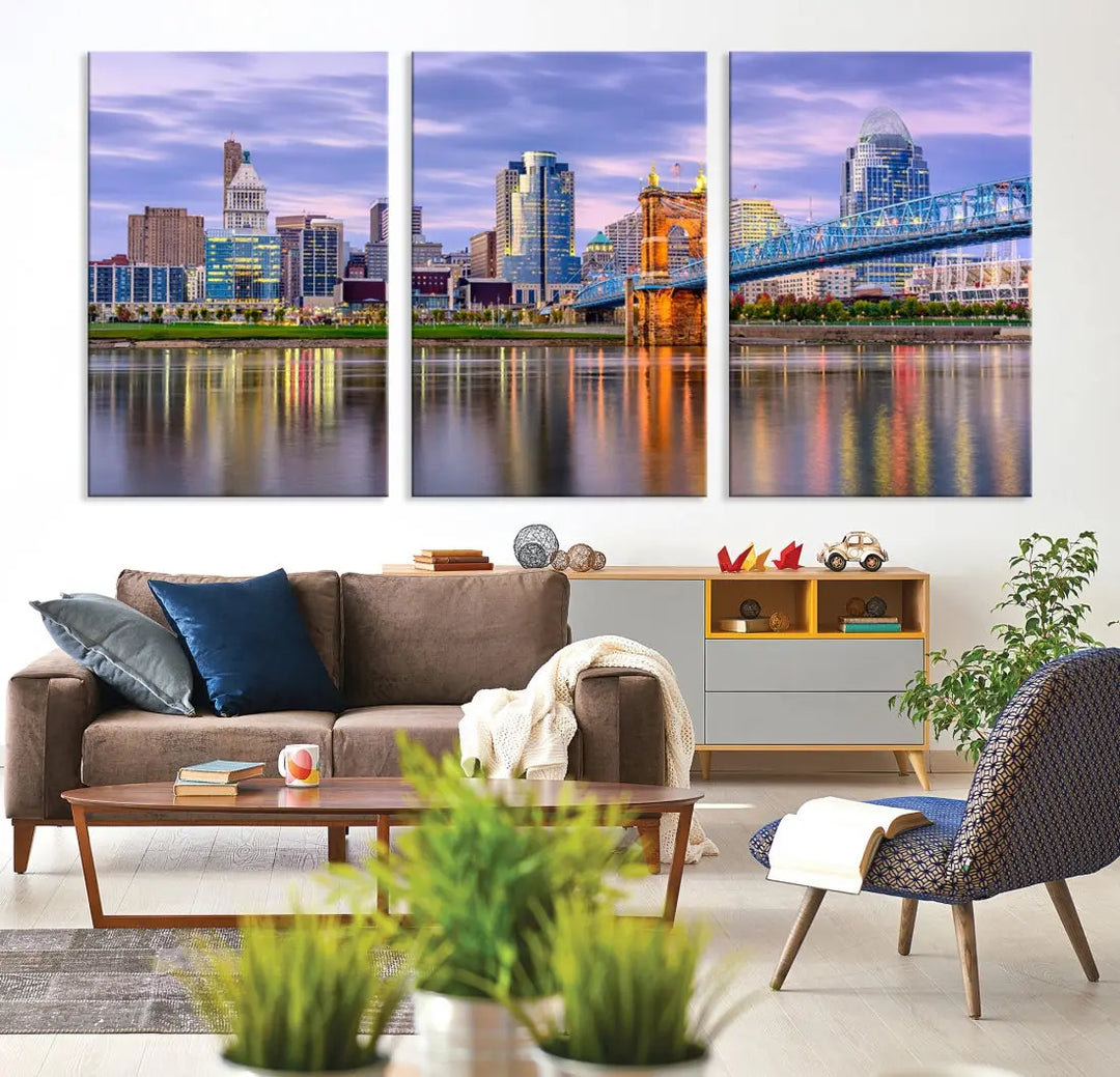 Extra Large Cityscape Cincinnati Sunset Skyline Wall Art Framed Canvas Print