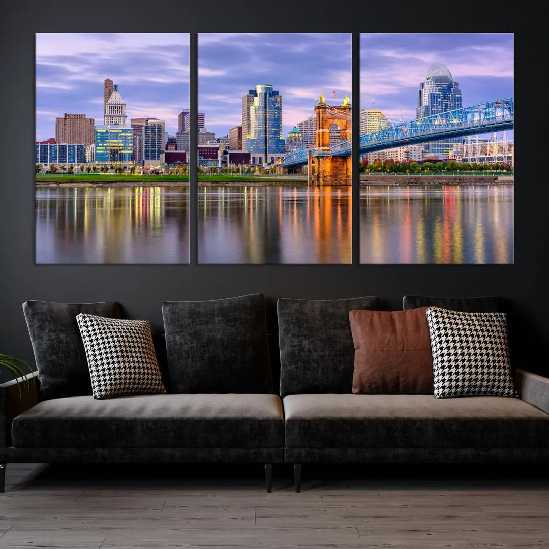 Extra Large Cityscape Cincinnati Sunset Skyline Wall Art Framed Canvas Print