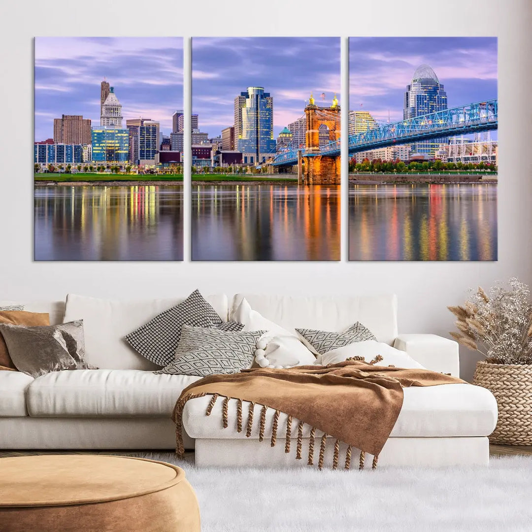 Extra Large Cityscape Cincinnati Sunset Skyline Wall Art Framed Canvas Print