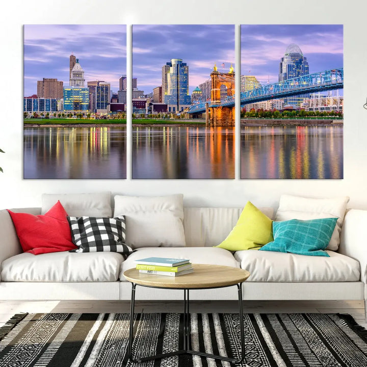 Extra Large Cityscape Cincinnati Sunset Skyline Wall Art Framed Canvas Print