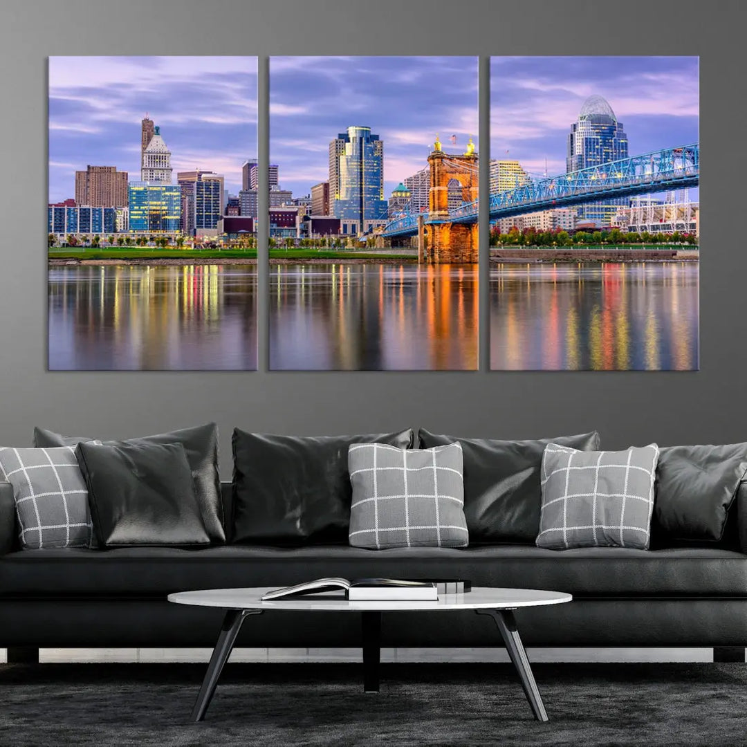 Extra Large Cityscape Cincinnati Sunset Skyline Wall Art Framed Canvas Print