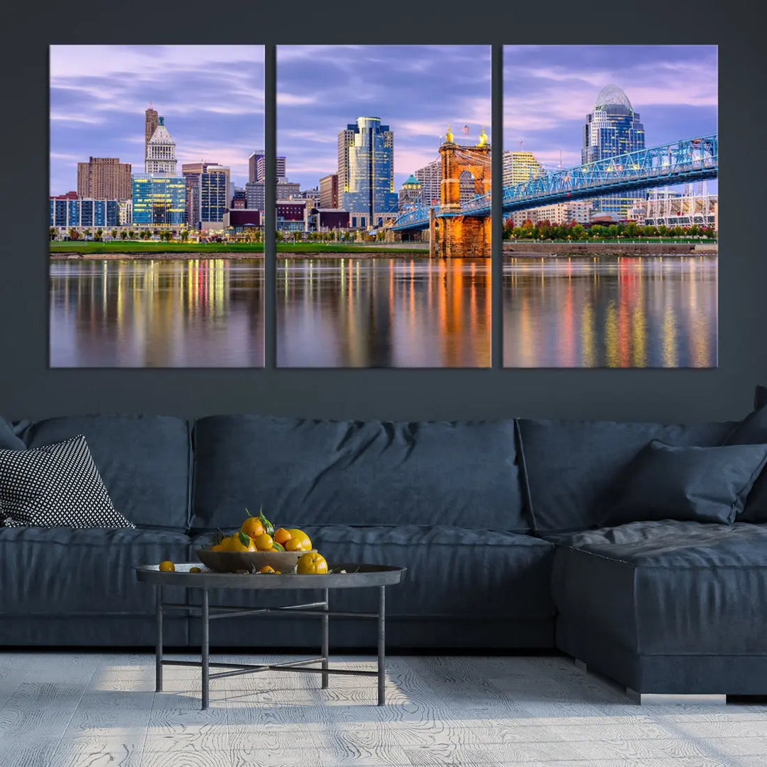 Extra Large Cityscape Cincinnati Sunset Skyline Wall Art Framed Canvas Print