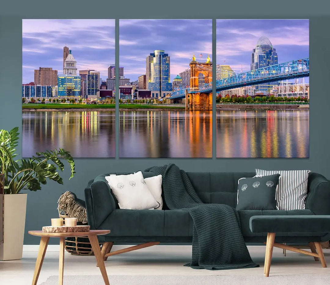 Extra Large Cityscape Cincinnati Sunset Skyline Wall Art Framed Canvas Print