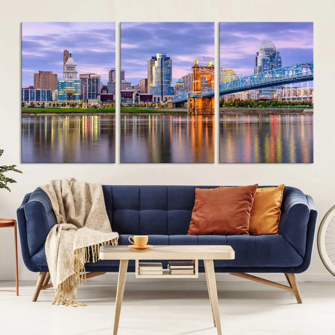 Extra Large Cityscape Cincinnati Sunset Skyline Wall Art Framed Canvas Print