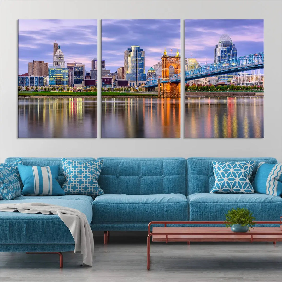 Extra Large Cityscape Cincinnati Sunset Skyline Wall Art Framed Canvas Print