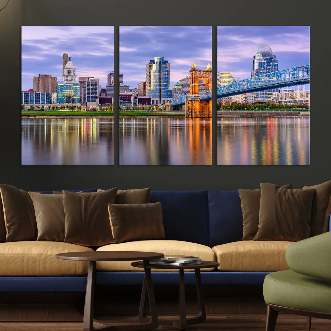 Extra Large Cityscape Cincinnati Sunset Skyline Wall Art Framed Canvas Print