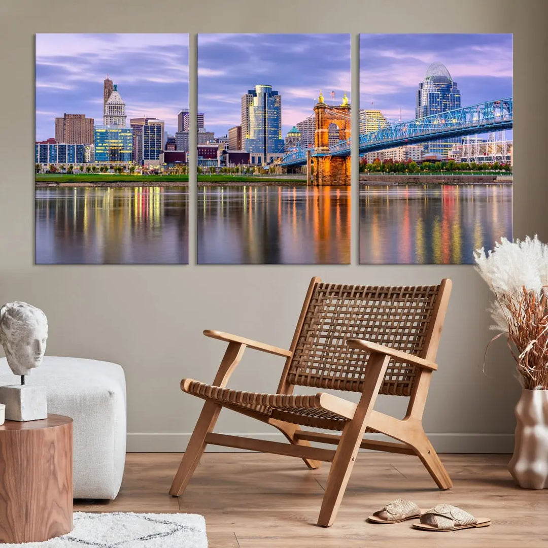 Extra Large Cityscape Cincinnati Sunset Skyline Wall Art Framed Canvas Print