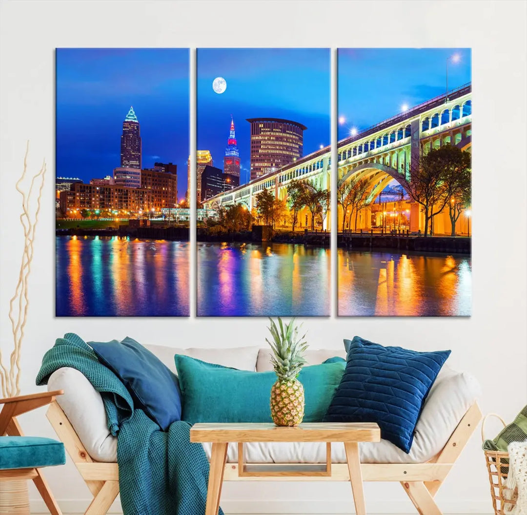 Extra Large Cleveland Downtown Cityscape Skyline Canvas Wall Art Print