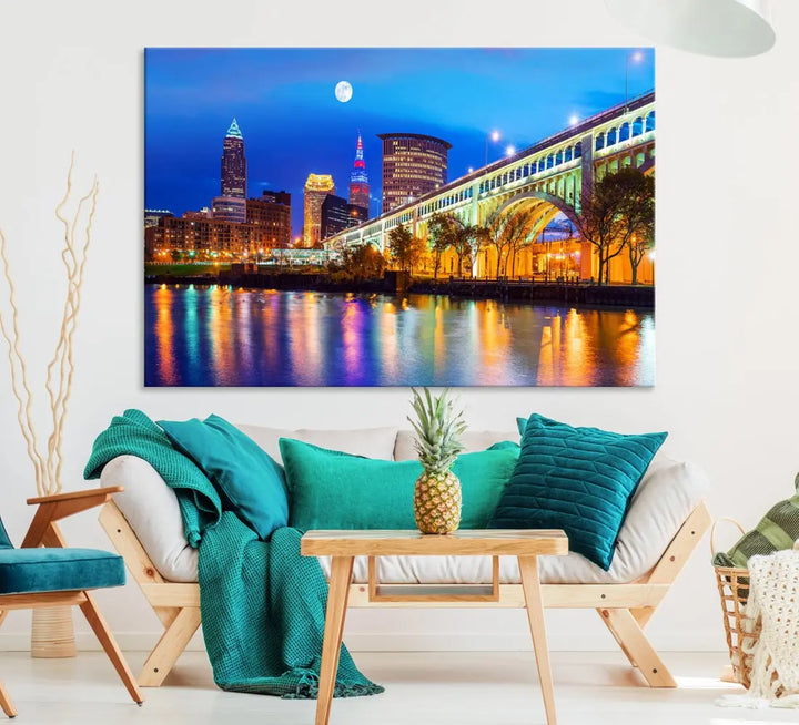 Extra Large Cleveland Downtown Cityscape Skyline Canvas Wall Art Print