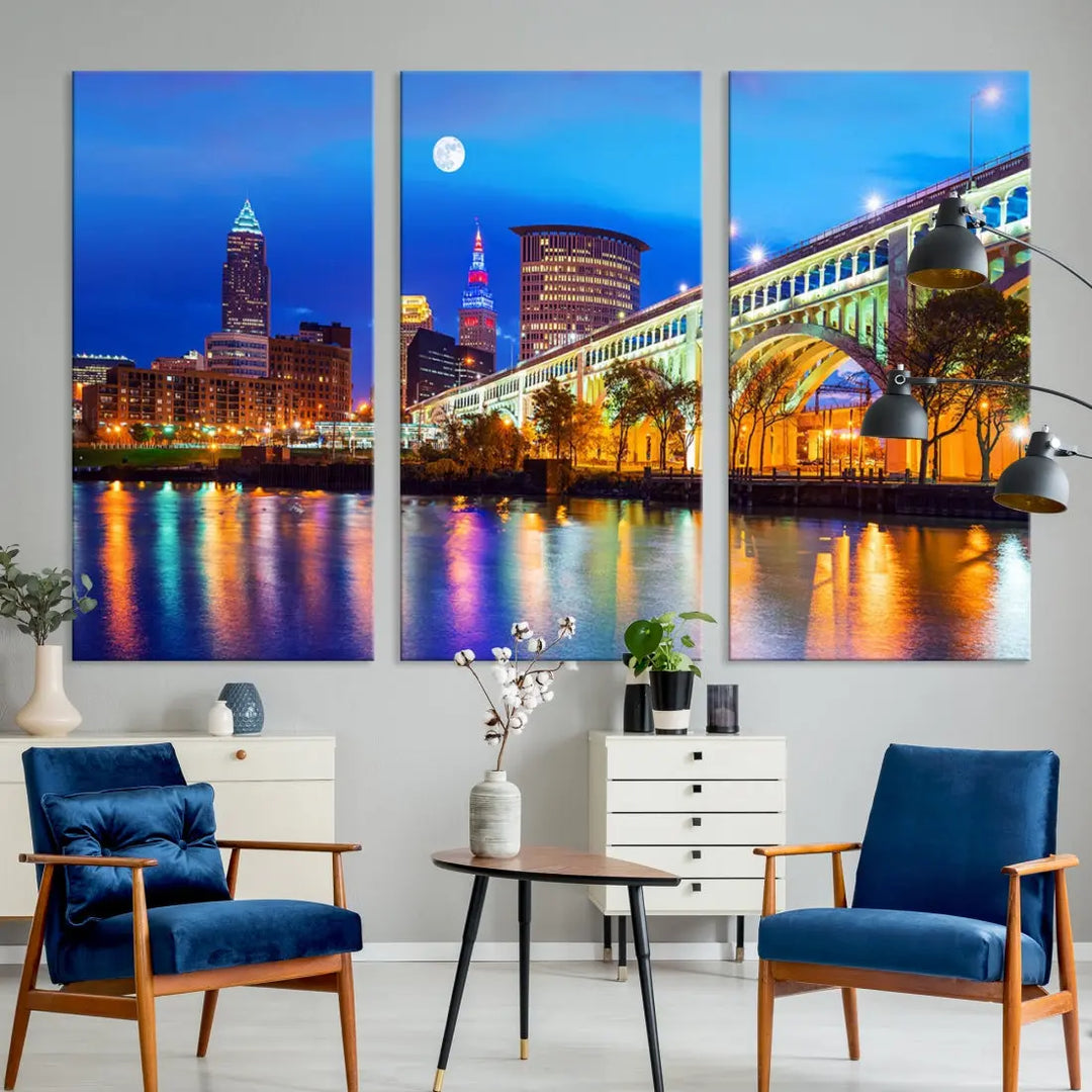 Extra Large Cleveland Downtown Cityscape Skyline Canvas Wall Art Print