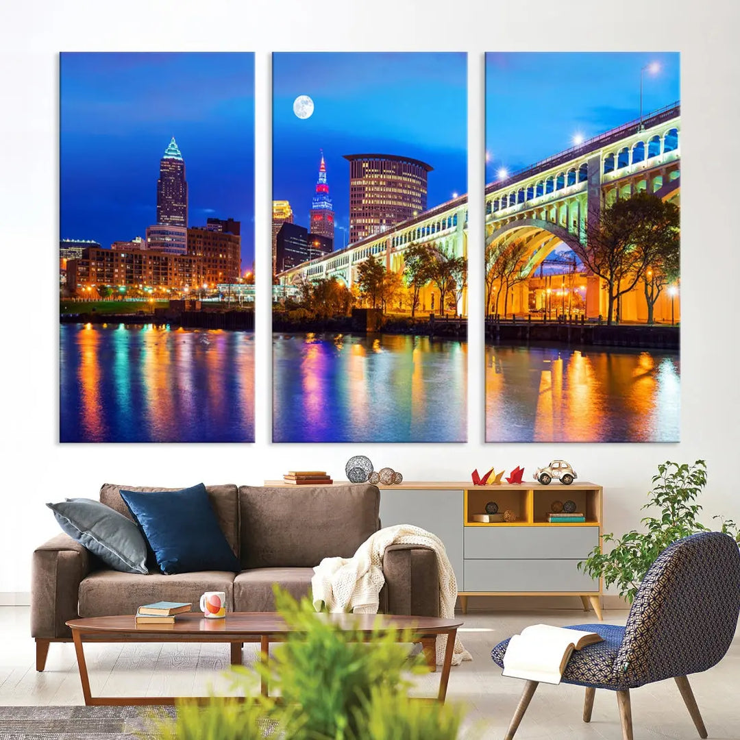 Extra Large Cleveland Downtown Cityscape Skyline Canvas Wall Art Print