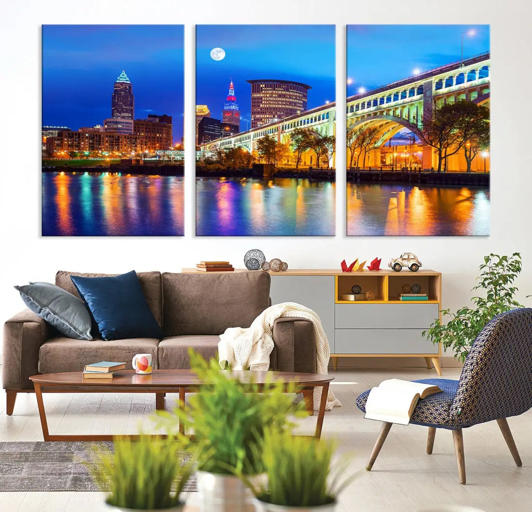 Extra Large Cleveland Downtown Cityscape Skyline Canvas Wall Art Print