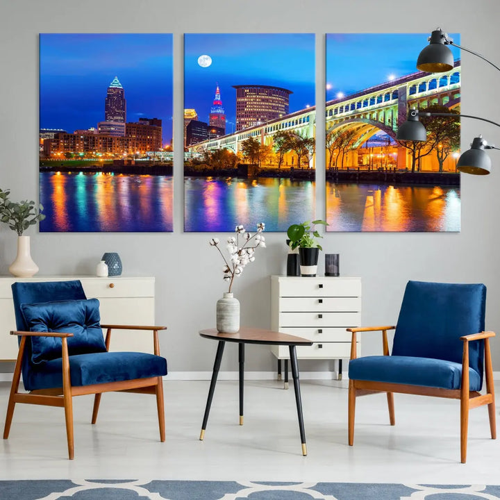 Extra Large Cleveland Downtown Cityscape Skyline Canvas Wall Art Print