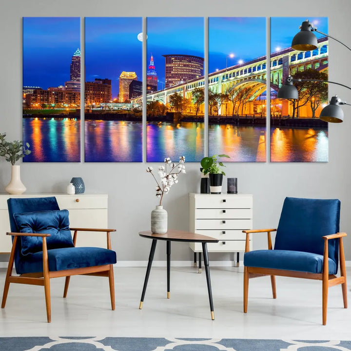 Extra Large Cleveland Downtown Cityscape Skyline Canvas Wall Art Print