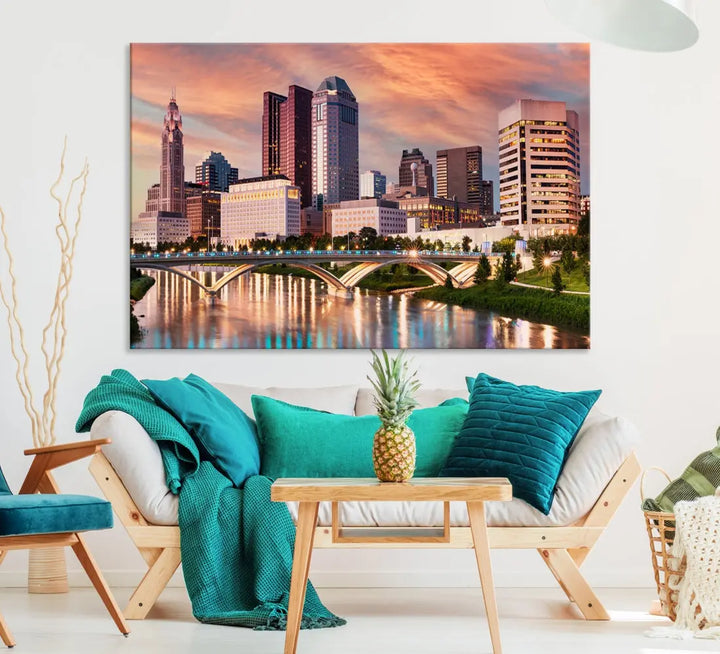 Extra Large Columbus Skyline Wall Art Sunset View Cityscape Canvas Print