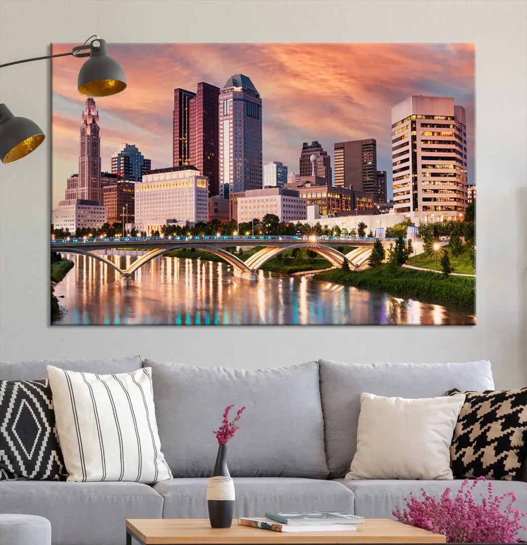 Extra Large Columbus Skyline Wall Art Sunset View Cityscape Canvas Print