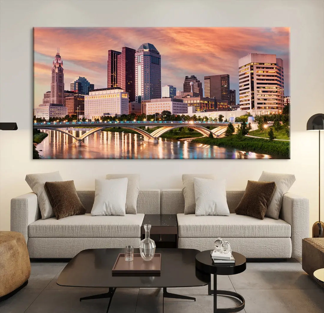 Extra Large Columbus Skyline Wall Art Sunset View Cityscape Canvas Print