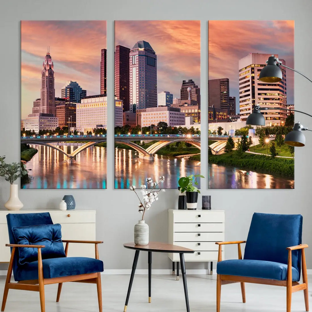 Extra Large Columbus Skyline Wall Art Sunset View Cityscape Canvas Print