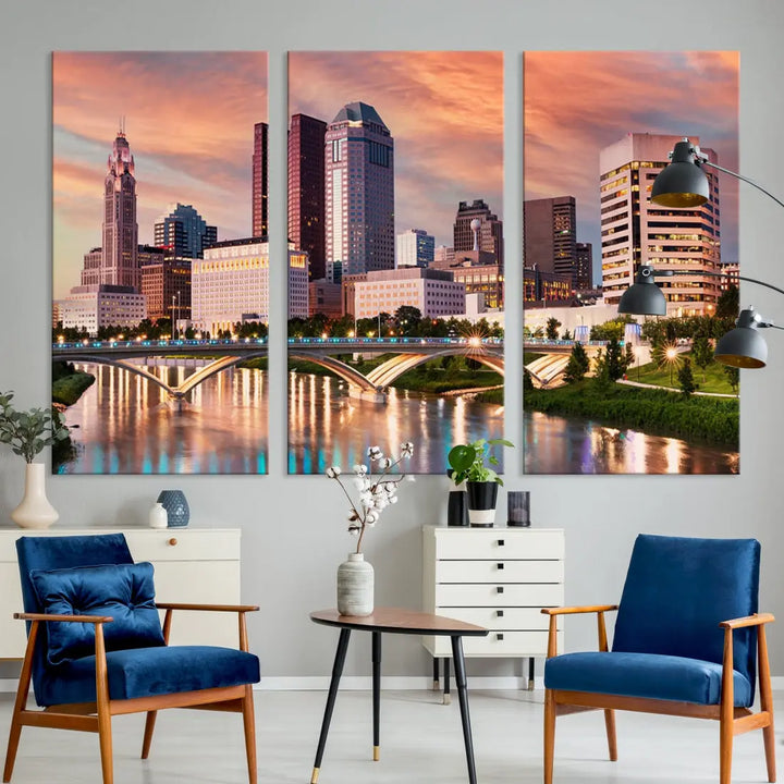 Extra Large Columbus Skyline Wall Art Sunset View Cityscape Canvas Print