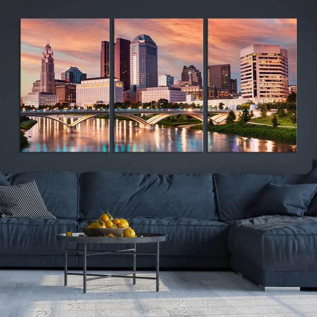 Extra Large Columbus Skyline Wall Art Sunset View Cityscape Canvas Print