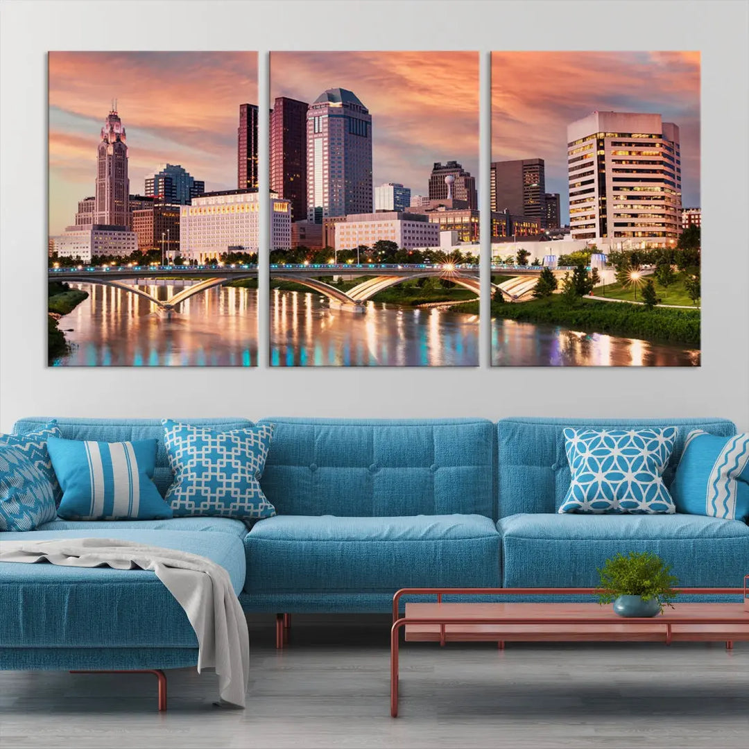 Extra Large Columbus Skyline Wall Art Sunset View Cityscape Canvas Print