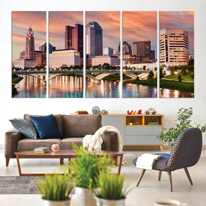 Extra Large Columbus Skyline Wall Art Sunset View Cityscape Canvas Print