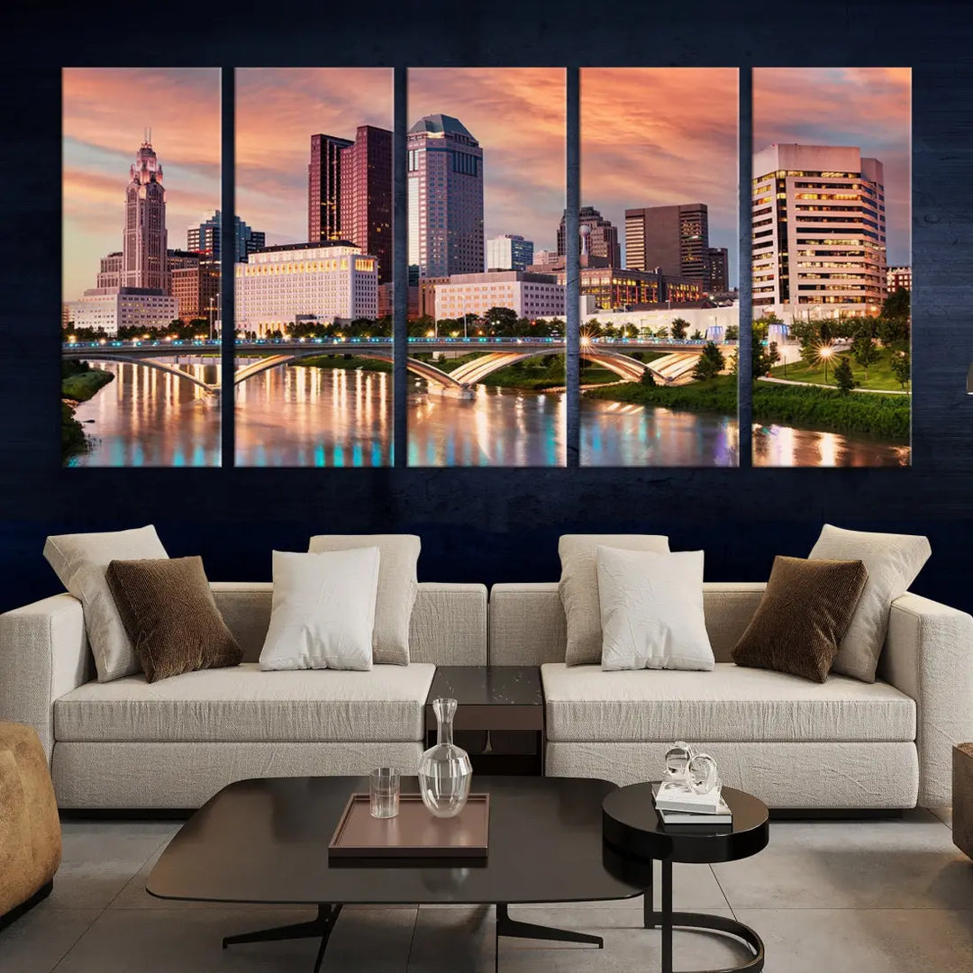 Extra Large Columbus Skyline Wall Art Sunset View Cityscape Canvas Print