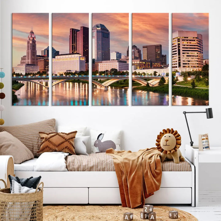 Extra Large Columbus Skyline Wall Art Sunset View Cityscape Canvas Print