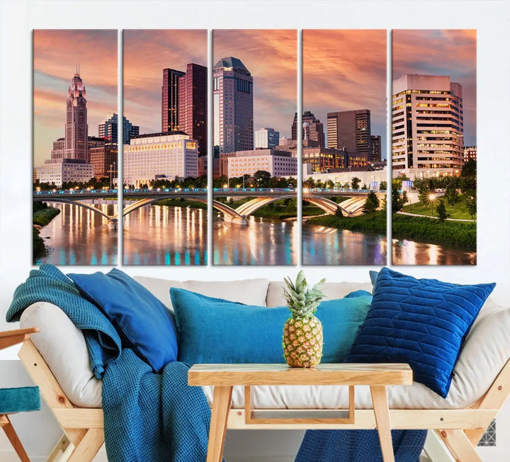 Extra Large Columbus Skyline Wall Art Sunset View Cityscape Canvas Print