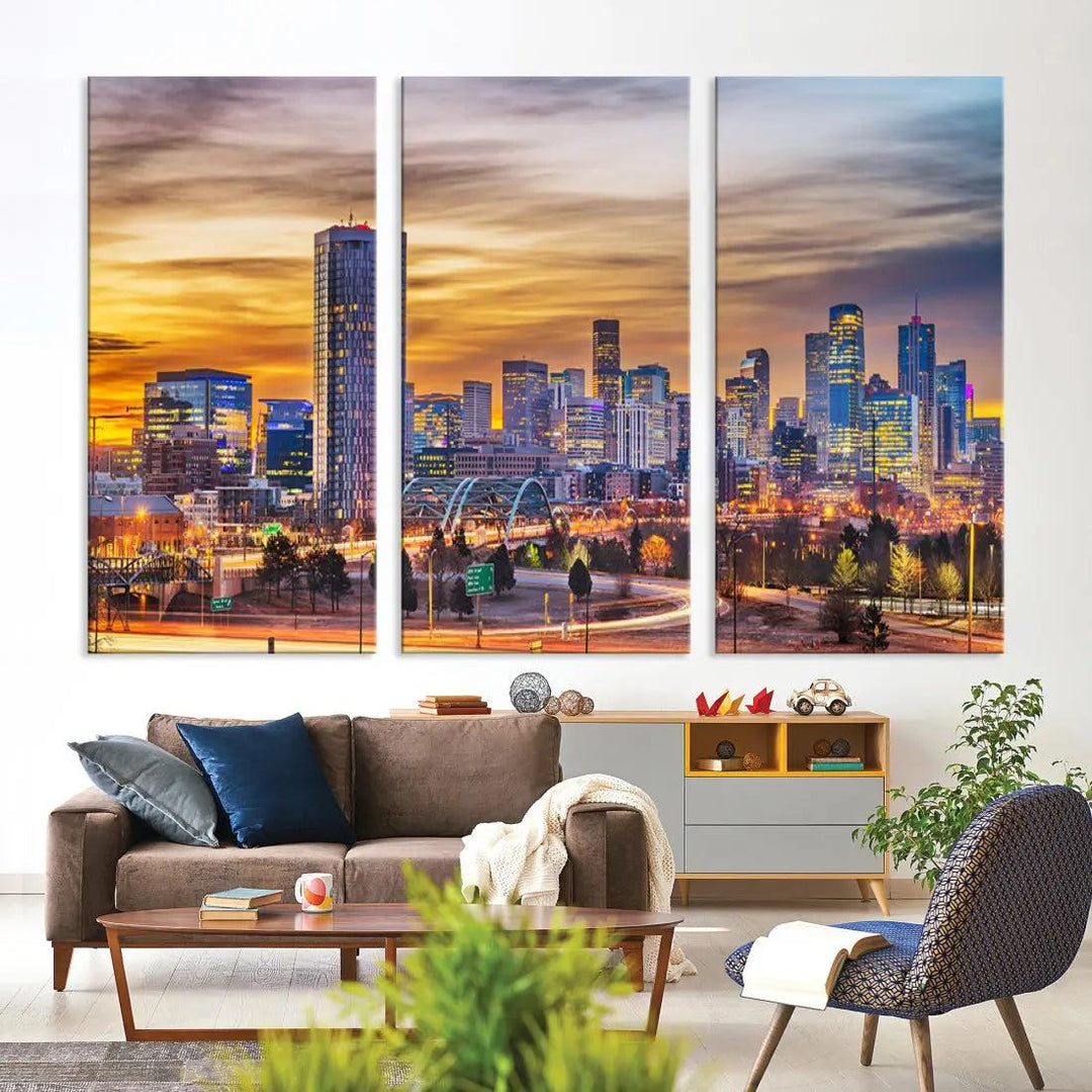 Extra Large Denver Cityscape Canvas Print Sunset Wall Art Framed