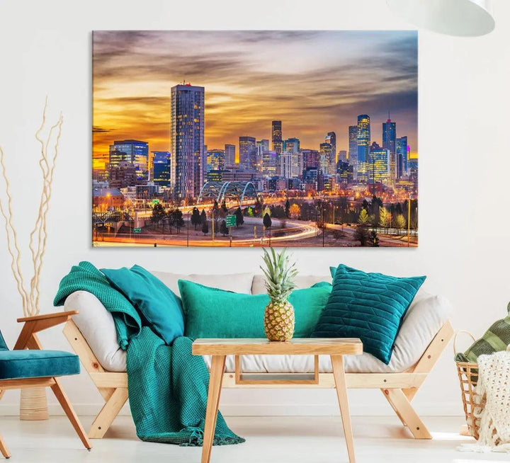 Extra Large Denver Cityscape Canvas Print Sunset Wall Art Framed