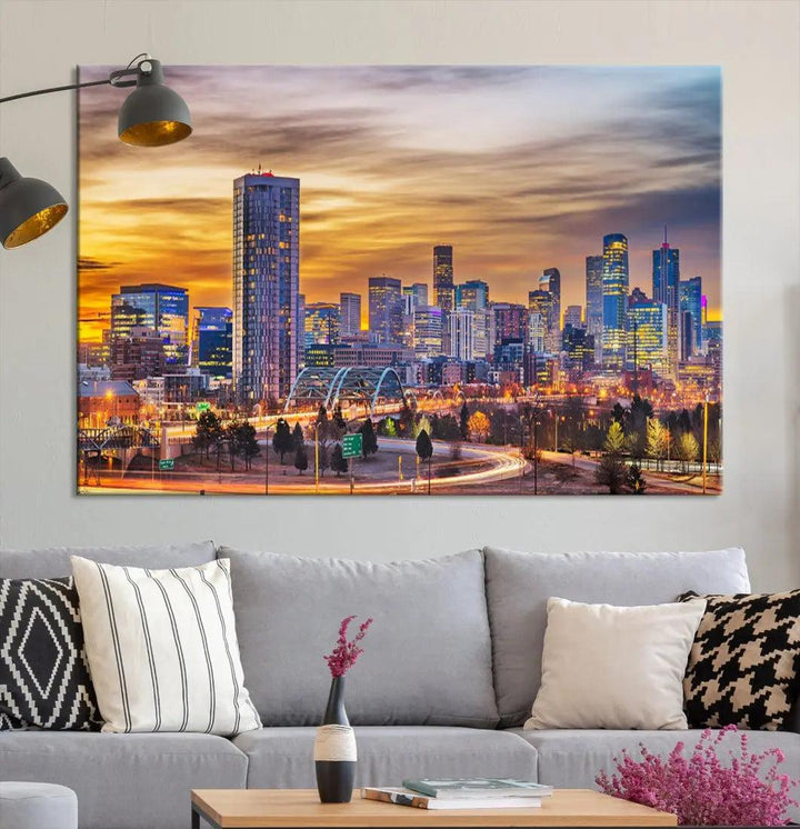 Extra Large Denver Cityscape Canvas Print Sunset Wall Art Framed