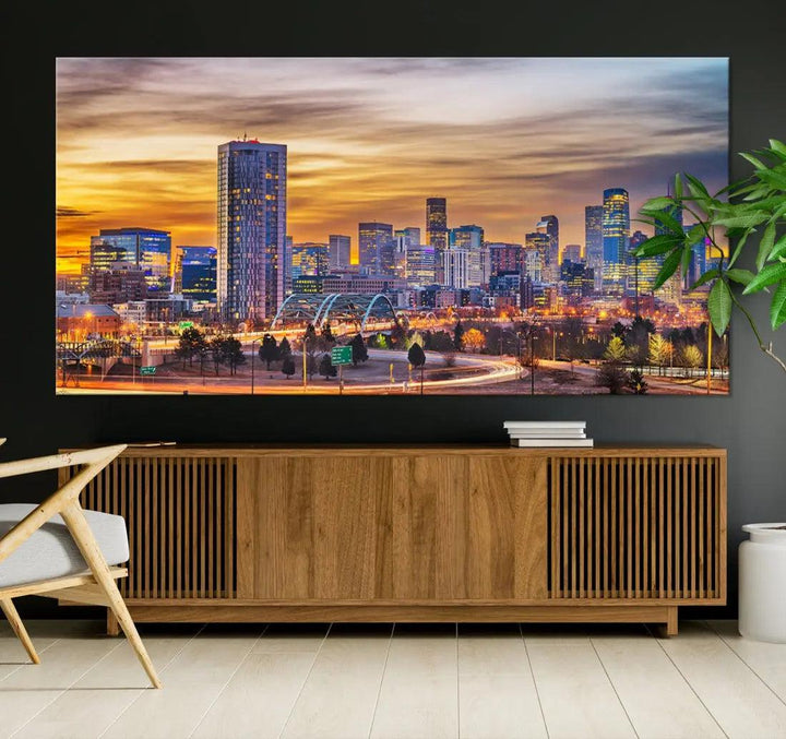 Extra Large Denver Cityscape Canvas Print Sunset Wall Art Framed