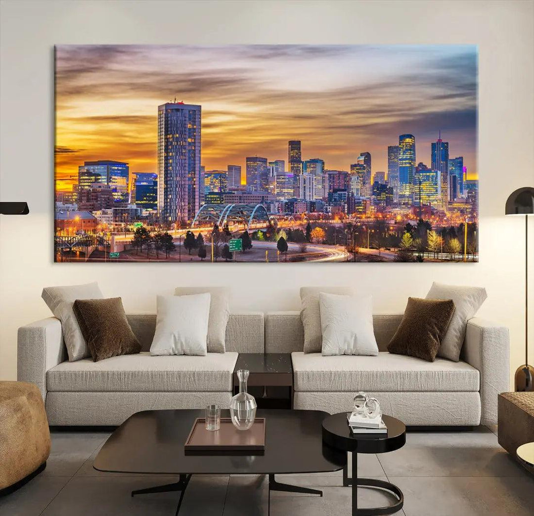 Extra Large Denver Cityscape Canvas Print Sunset Wall Art Framed