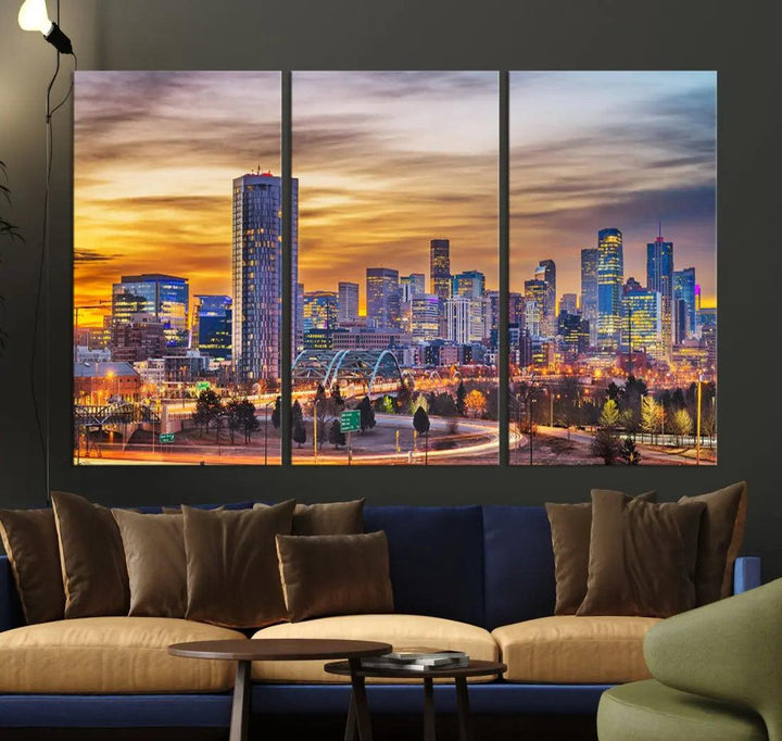 Extra Large Denver Cityscape Canvas Print Sunset Wall Art Framed