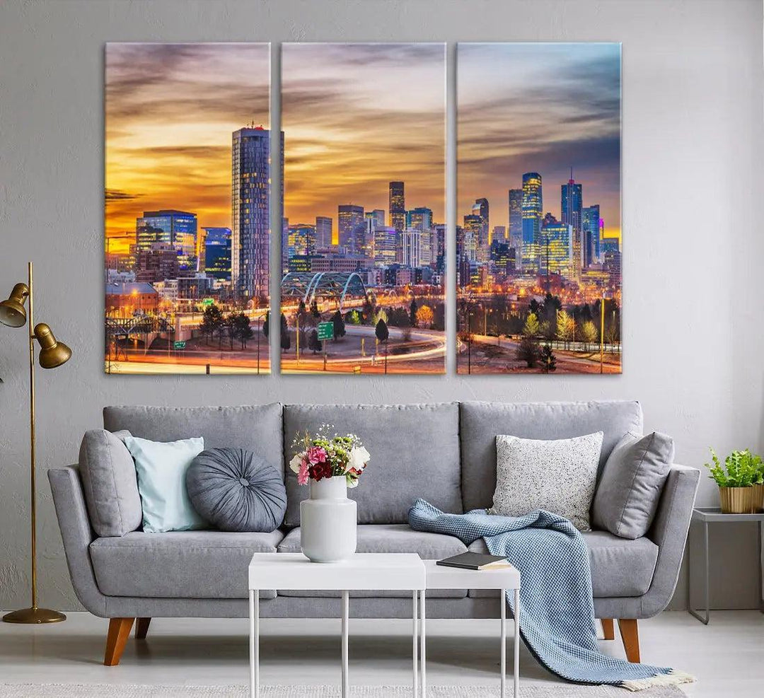 Extra Large Denver Cityscape Canvas Print Sunset Wall Art Framed