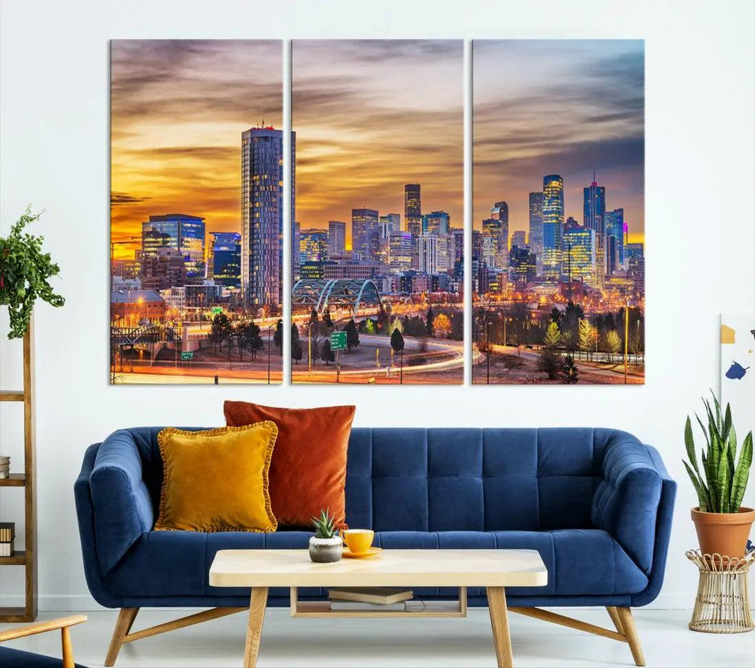 Extra Large Denver Cityscape Canvas Print Sunset Wall Art Framed