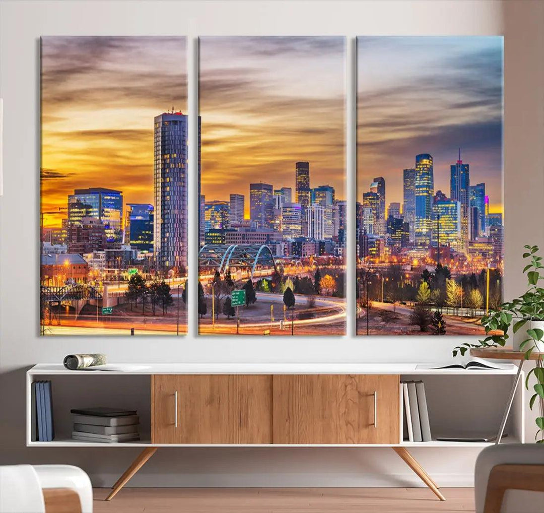 Extra Large Denver Cityscape Canvas Print Sunset Wall Art Framed