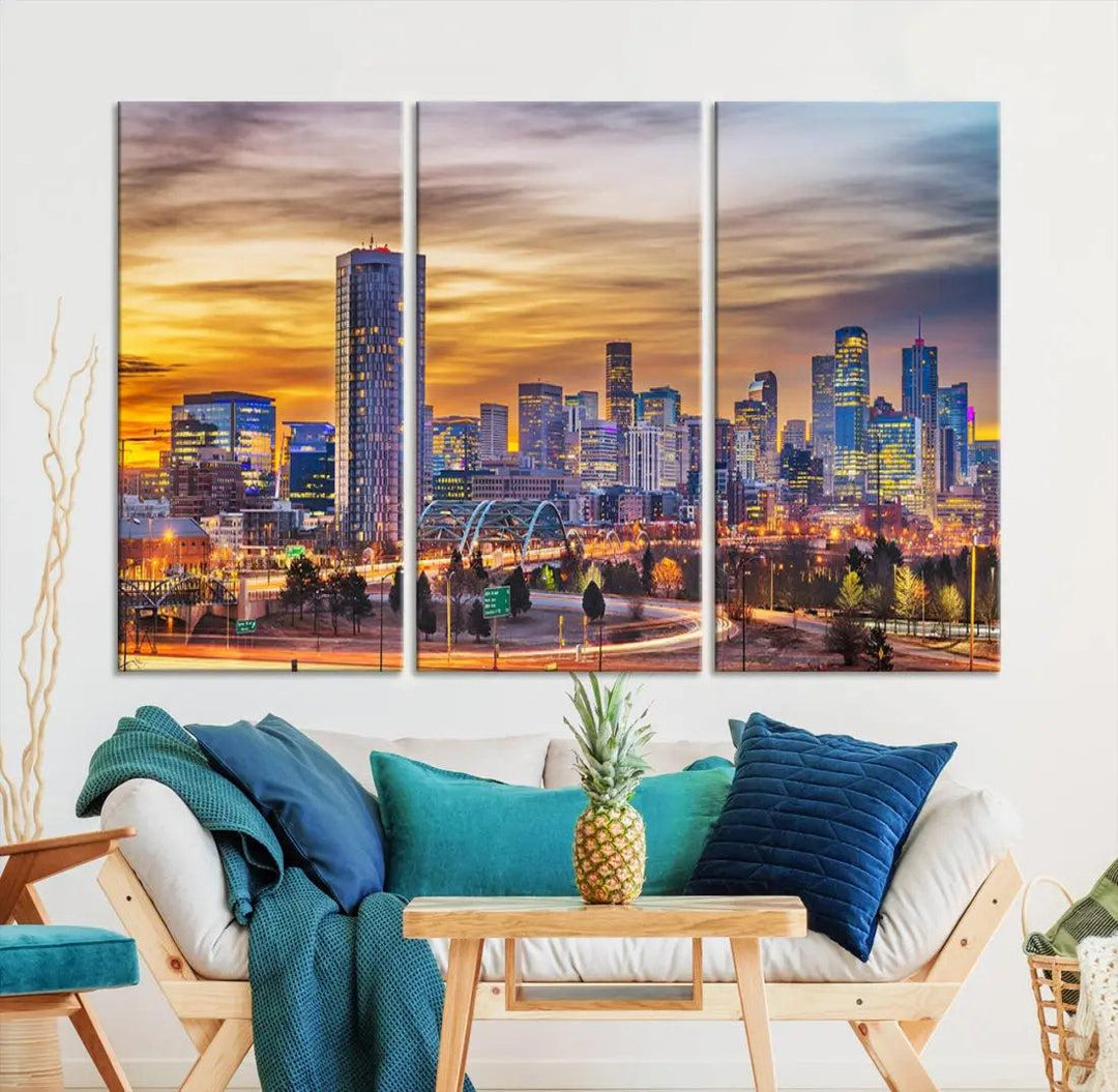 Extra Large Denver Cityscape Canvas Print Sunset Wall Art Framed