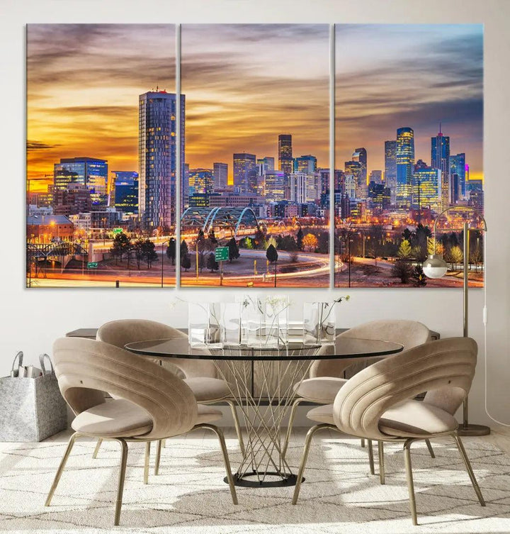 Extra Large Denver Cityscape Canvas Print Sunset Wall Art Framed