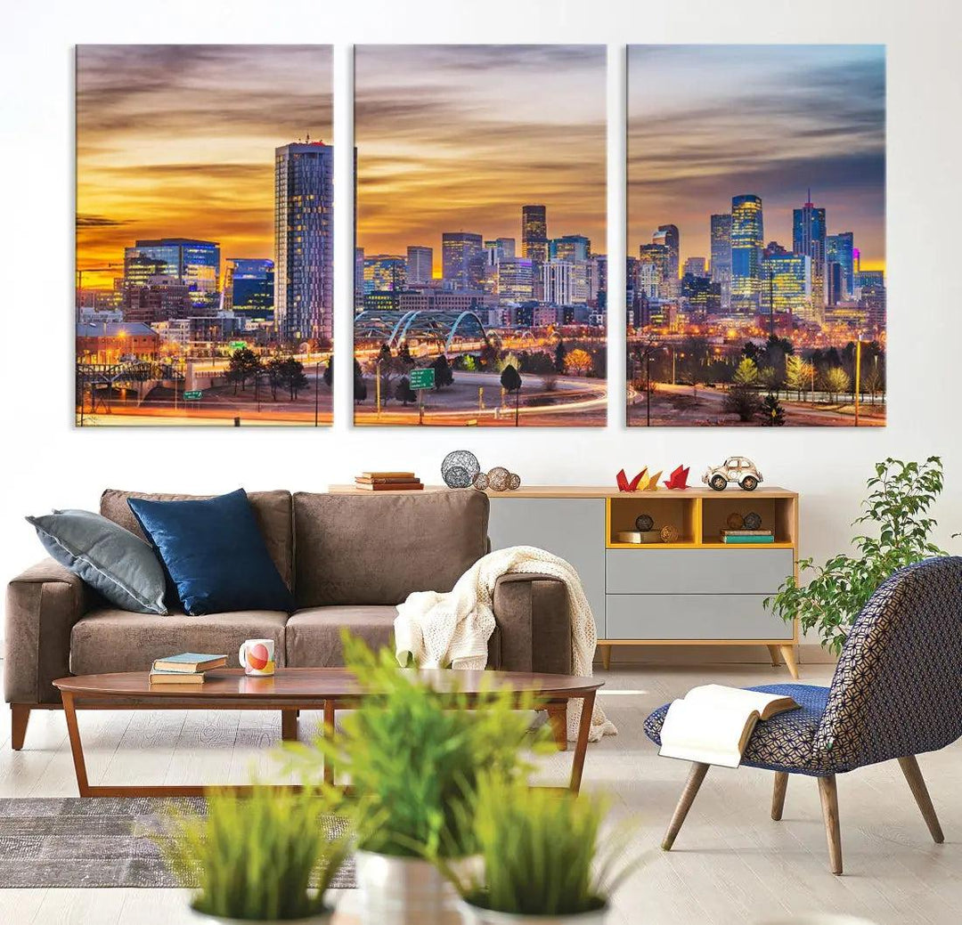 Extra Large Denver Cityscape Canvas Print Sunset Wall Art Framed