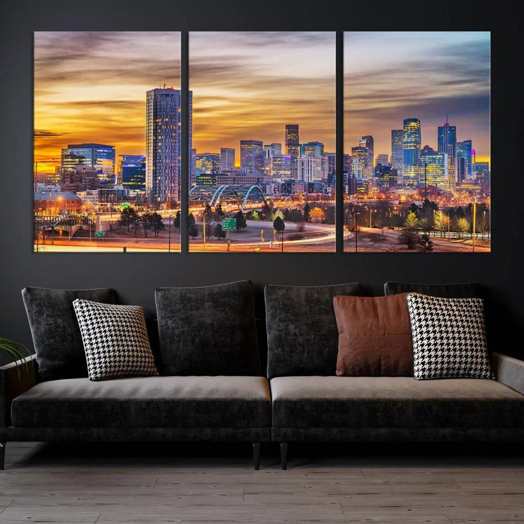 Extra Large Denver Cityscape Canvas Print Sunset Wall Art Framed